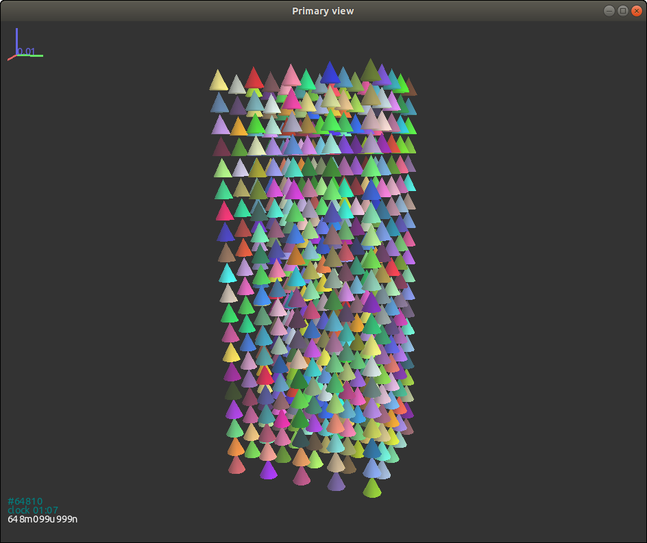 Final packing of cones without random initial orientations (the box
not shown).